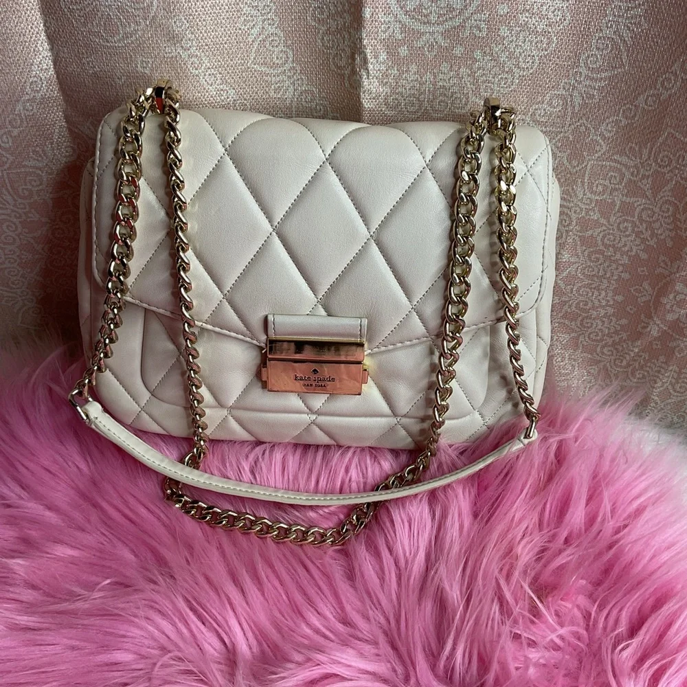 Kate Spade Quilted Cream Crossbody Bag Gold Chain Neutral Classic